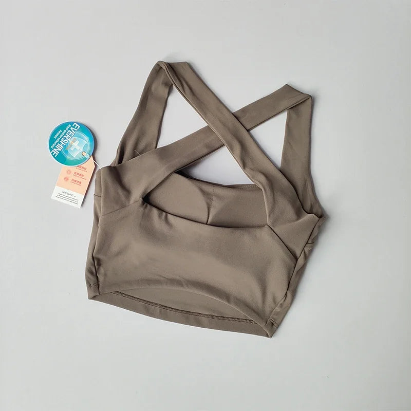 Seamless Cross Back Sports Bra, Wide Shoulder Straps, Shock-absorbing, Yoga Vest Top