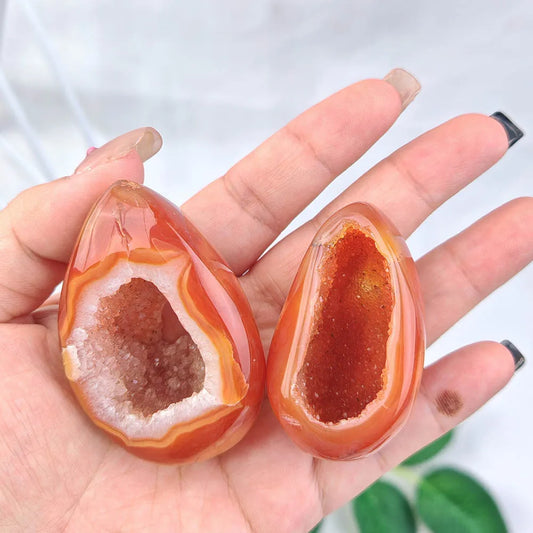 Natural Carnelian Geode Egg Gemstone, Red Agate Mineral Cavern Design