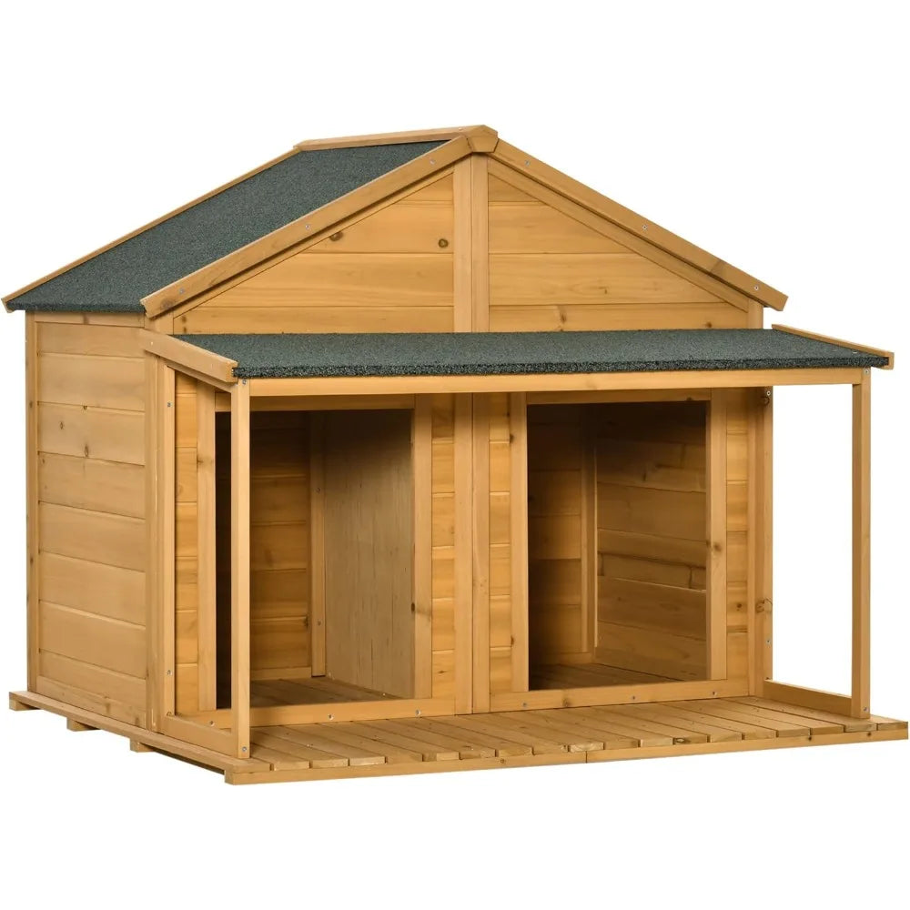 50" Wooden Dog House Outdoor for 2 Medium or Small Dogs, Cabin Style with Porch, 2 Doors, Elevated Floor