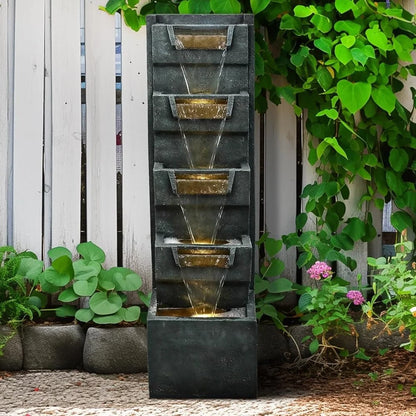 5-Tier Modern Water Fountain, Indoor/Outdoor, Water Sounds, LED Lights, Durable Poly Resin