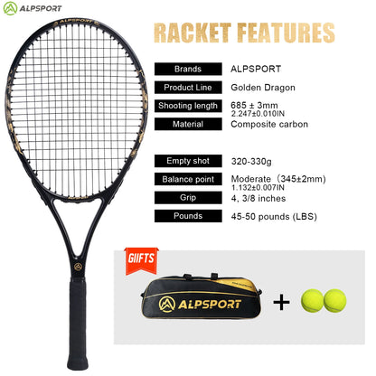 ALPSPORT JL T800 Carbon Fiber Tennis Racket,18K, Bag & Adjustable Strap (Men & Women)
