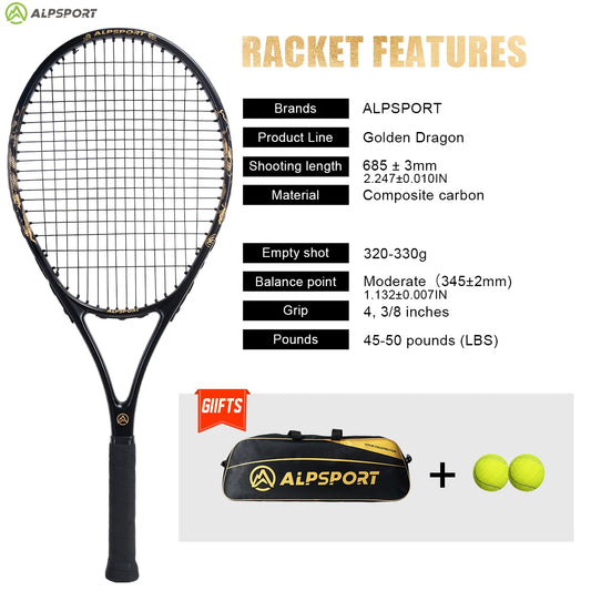 ALPSPORT JL T800 Carbon Fiber Tennis Racket,18K, Bag & Adjustable Strap (Men & Women)