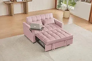 65'' 3-in-1 Folding Convertible Queen Size Pullout Sofa Bed, Modern Chenille Fabric, 360° Swivel Side Table
