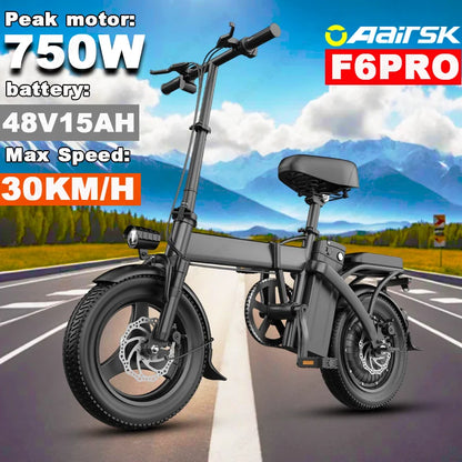 Electric Bike 750W Peak Motor 48V15AH Removable Lithium Battery Adult Foldable E Bike LCD Display 14-inch Tire Electric