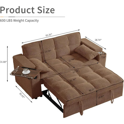 65'' 3-in-1 Folding Convertible Queen Size Pullout Sofa Bed, Modern Chenille Fabric, 360° Swivel Side Table
