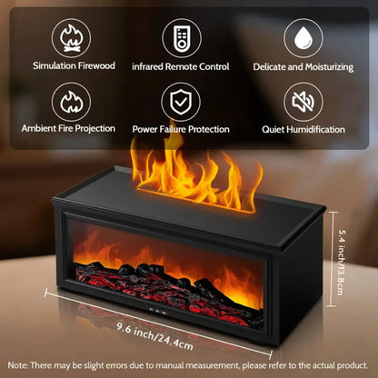 Premium Essential Oil Diffuser with Realistic Fireplace Flame Effect, USB-C Charging, 9.47oz Capacity, 7 Color LED Lights