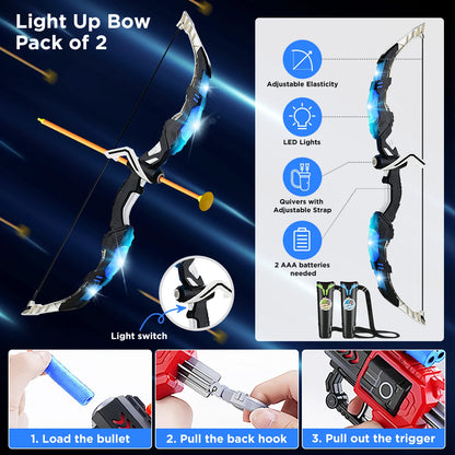 2X Bow Arrow + Guns, Toy For Kids, LED Light Up Archery, Suction Cup, Stand, Dart Board