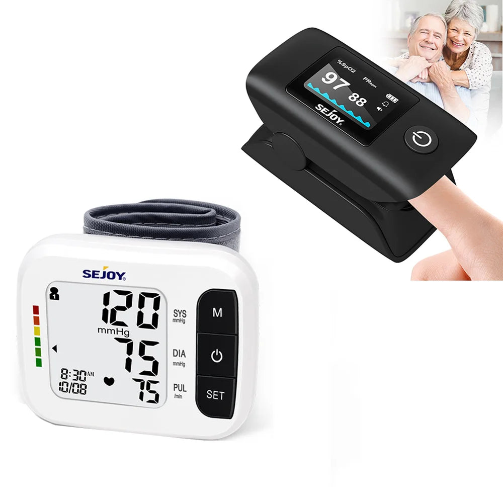 Digital Wrist Blood Pressure Monitor & Finger Pulse Oximeter OLED Blood Oxygen Saturation, Heart Rate Meter