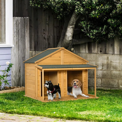 50" Wooden Dog House Outdoor for 2 Medium or Small Dogs, Cabin Style with Porch, 2 Doors, Elevated Floor