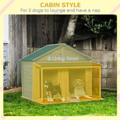 50" Wooden Dog House Outdoor for 2 Medium or Small Dogs, Cabin Style with Porch, 2 Doors, Elevated Floor