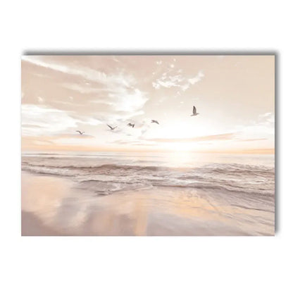 Sunset Sea Lake Boat Bridge Canvas Painting, Seagull Beach Poster, Beige Leaf Reed Wall Art Print