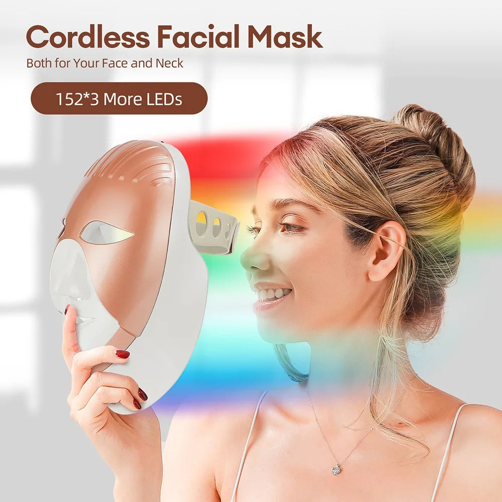 Skin Facial Beauty SPA Mask, Wireless 7 Colors LED, Face/Neck Rejuvenation, Repair, Wrinkle Remover