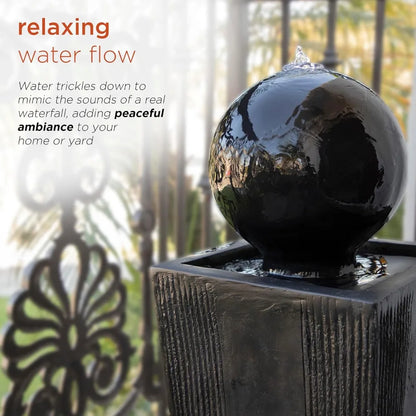 33" Outdoor Floor Modern Sphere and Pedestal, Soothing Waterfall Fountain