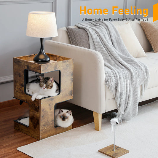 Cat Bed with Two Large Condos, Detachable Scratching Pad, Wooden with Plush Mats