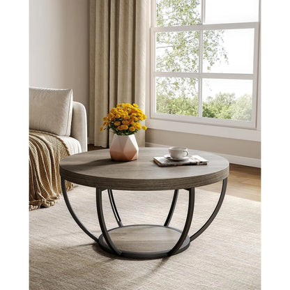 32" Circle Marble Coffee Table, 2-Tier Golden Metal Legs Accent Center Table