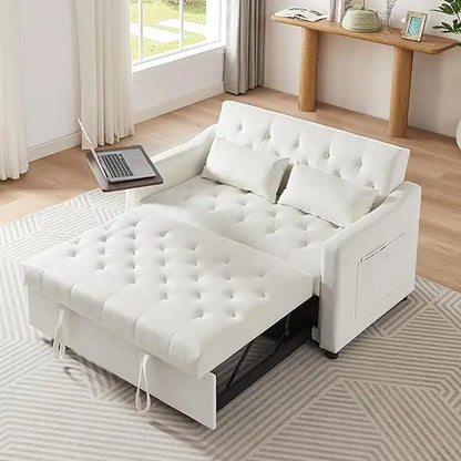 65'' 3-in-1 Folding Convertible Queen Size Pullout Sofa Bed, Modern Chenille Fabric, 360° Swivel Side Table