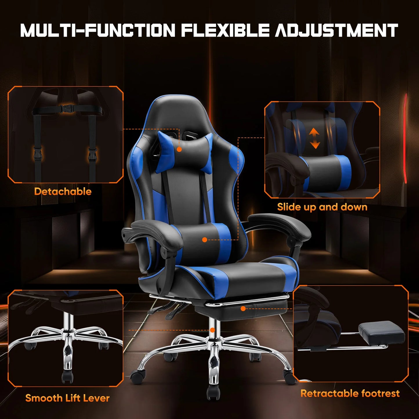 JHK Ergonomic Racing Gaming Chair Adjustable Swivel PU Leather with Headrest and Lumbar Support