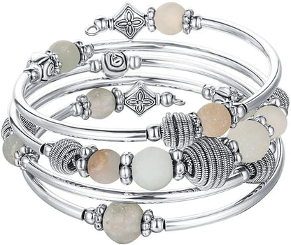 Beaded Chakra Bangle Turquoise Bracelet , Thick Silver Metal and Mala Beads